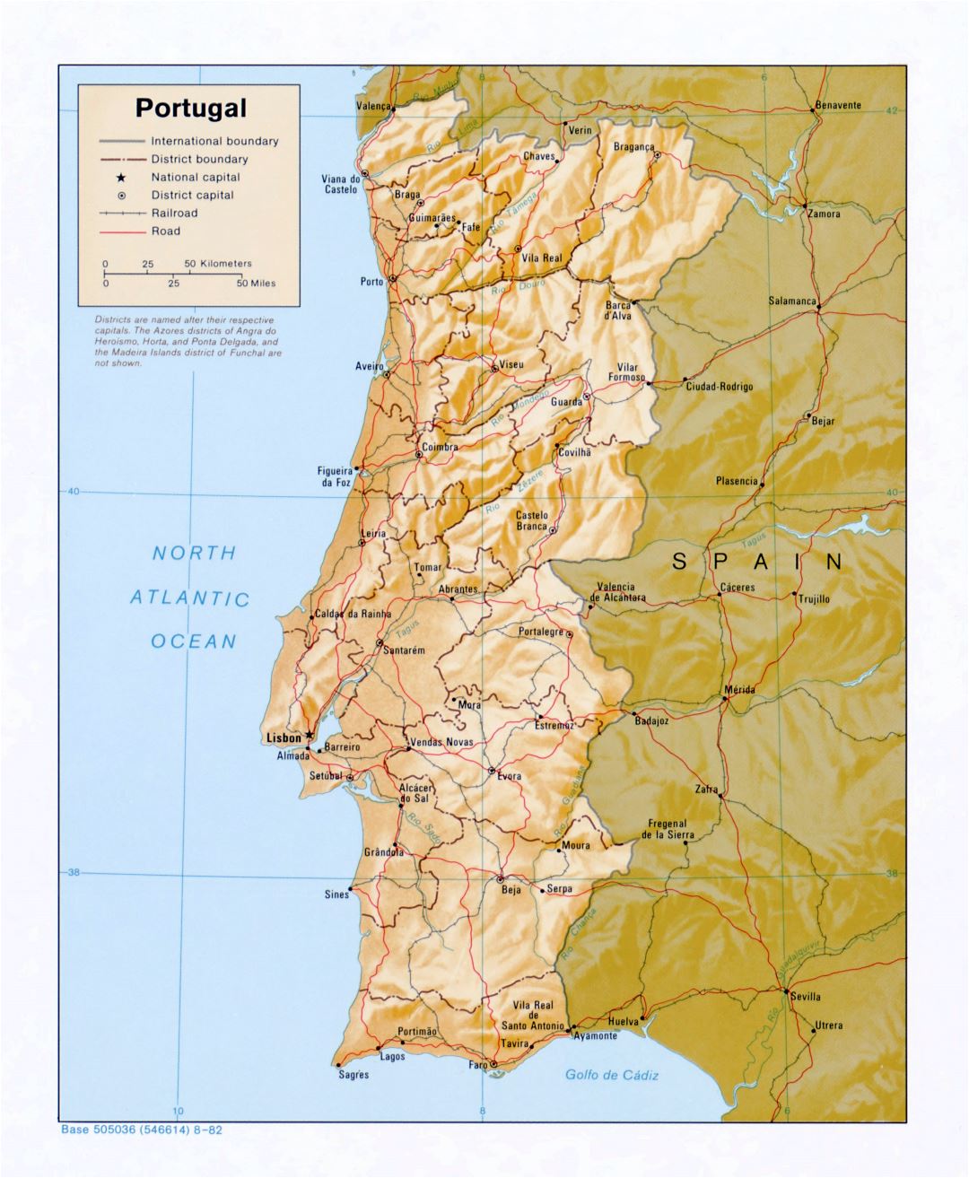 Large detailed political and administrative map of Portugal with relief, roads and major cities - 1982