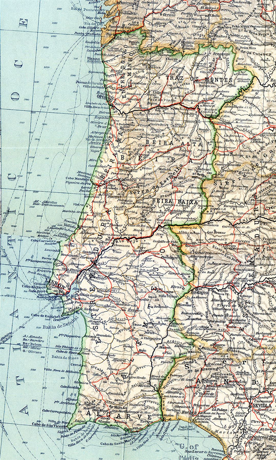 Large map of Portugal with relief, roads and cities