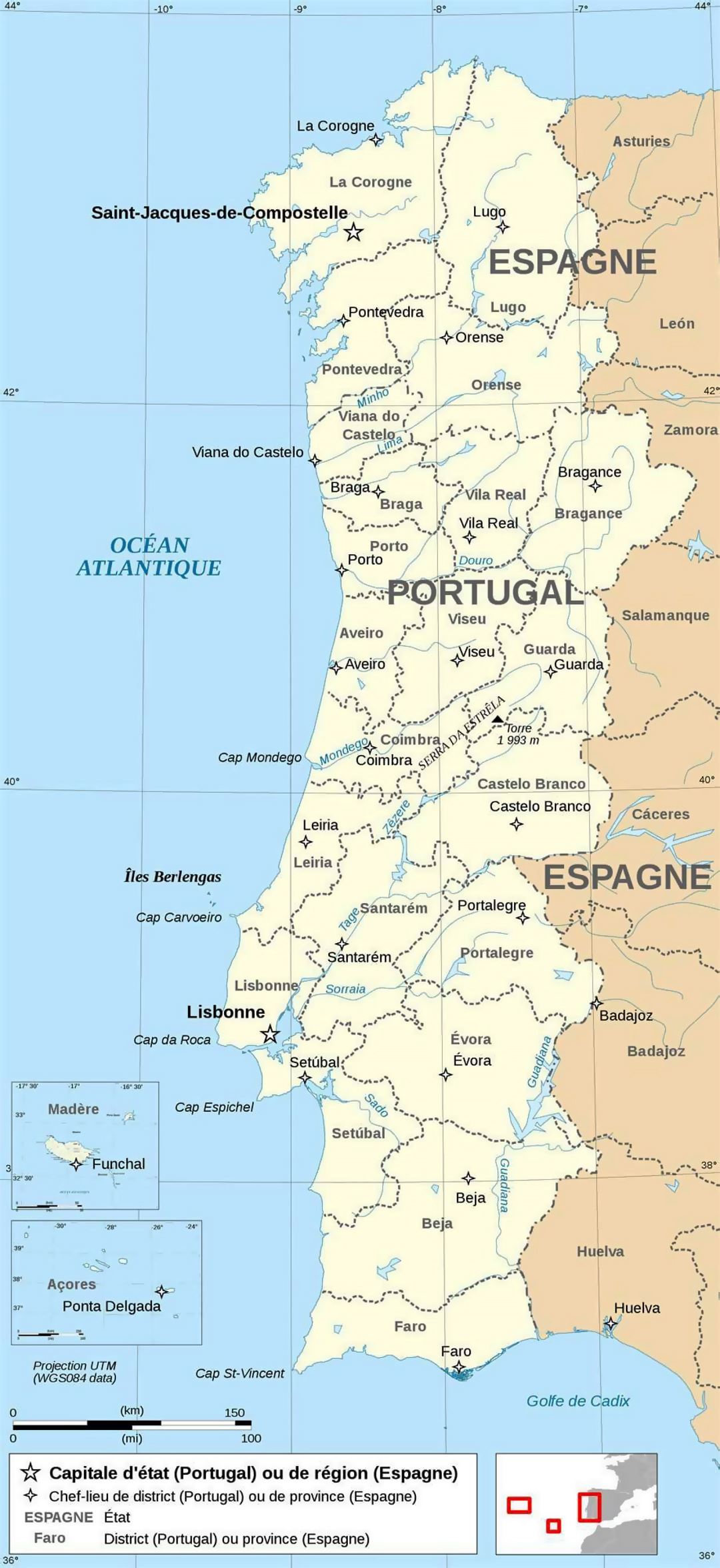 Large political and administrative map of Portugal with major cities