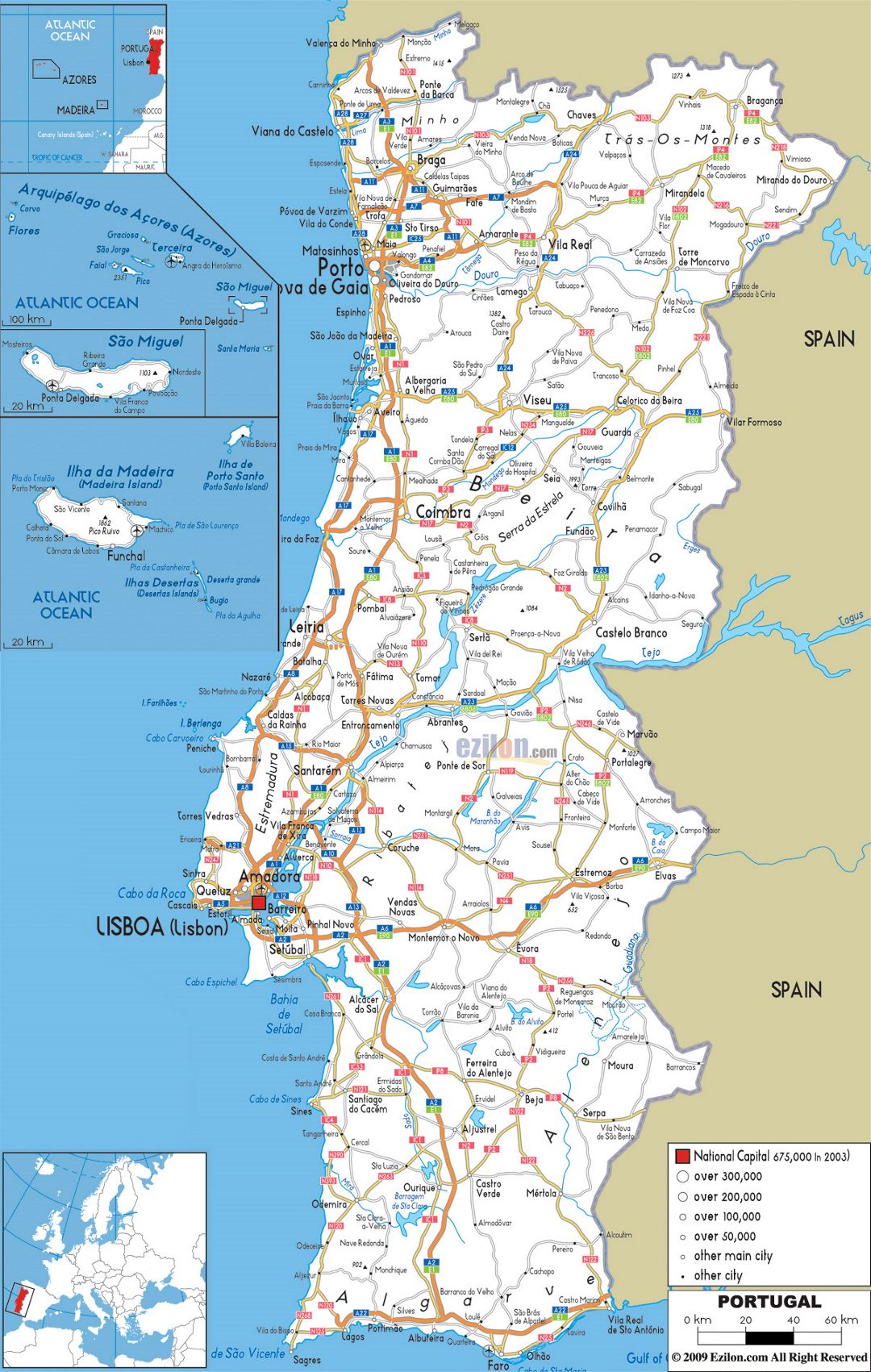 Large road map of Portugal with cities and airports
