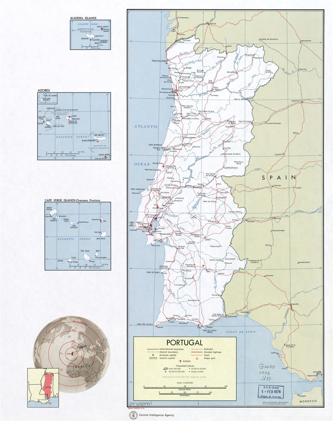 Large scale political and administrative map of Portugal with roads, railroads, major cities, airports and sea ports - 1972