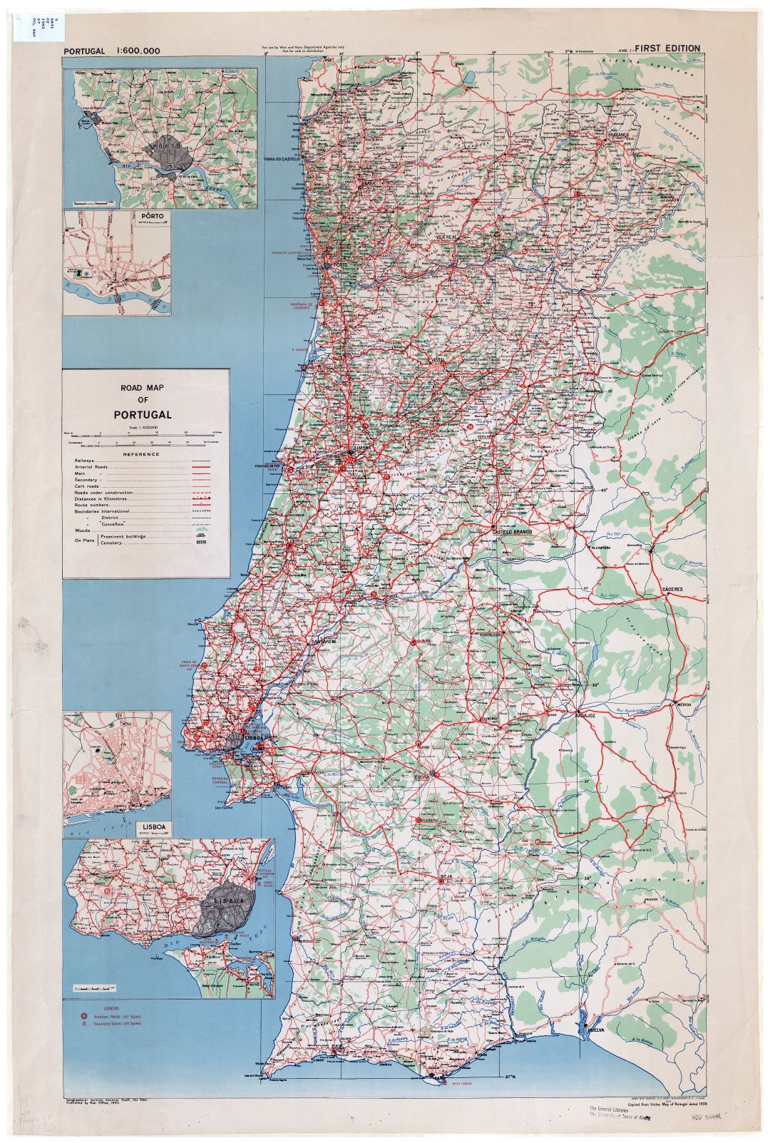 Large scale road map of Portugal with cities, towns and villages - 1943 - 1:600000