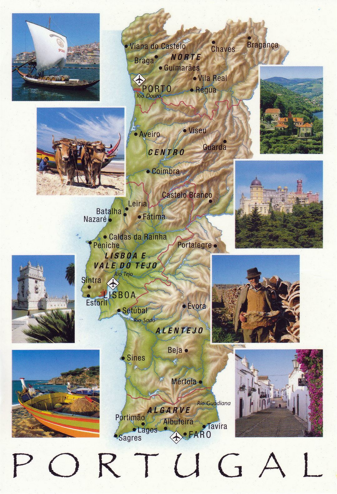 Large tourist map of Portugal with relief, cities and airports