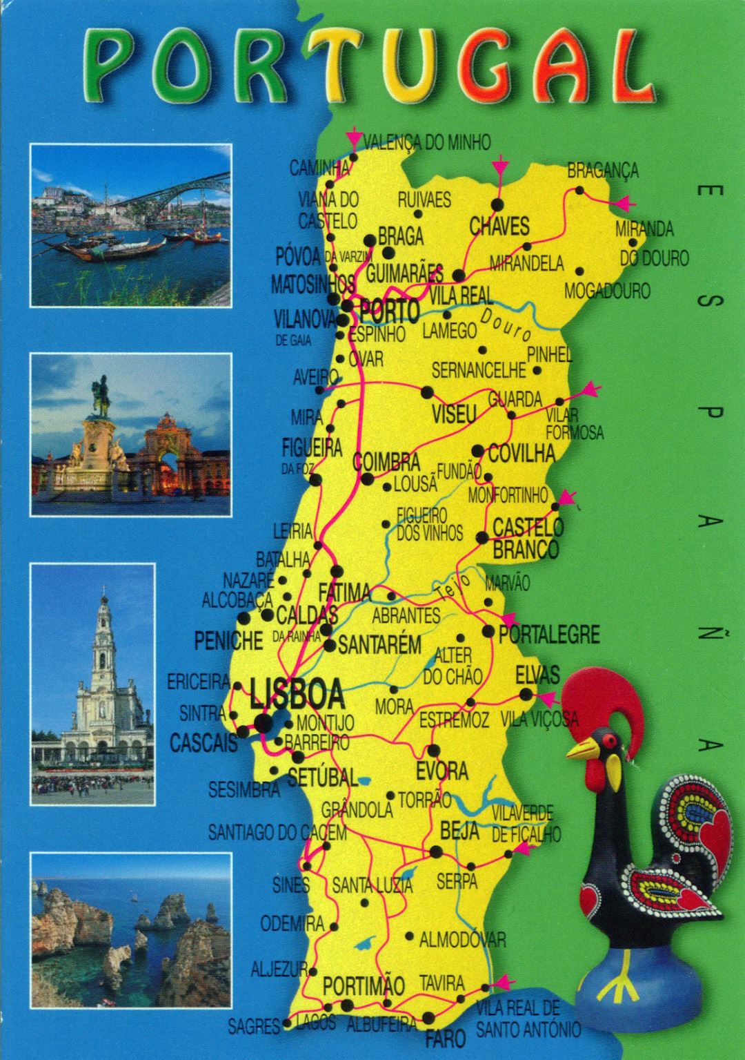 Large tourist map of Portugal with roads and cities