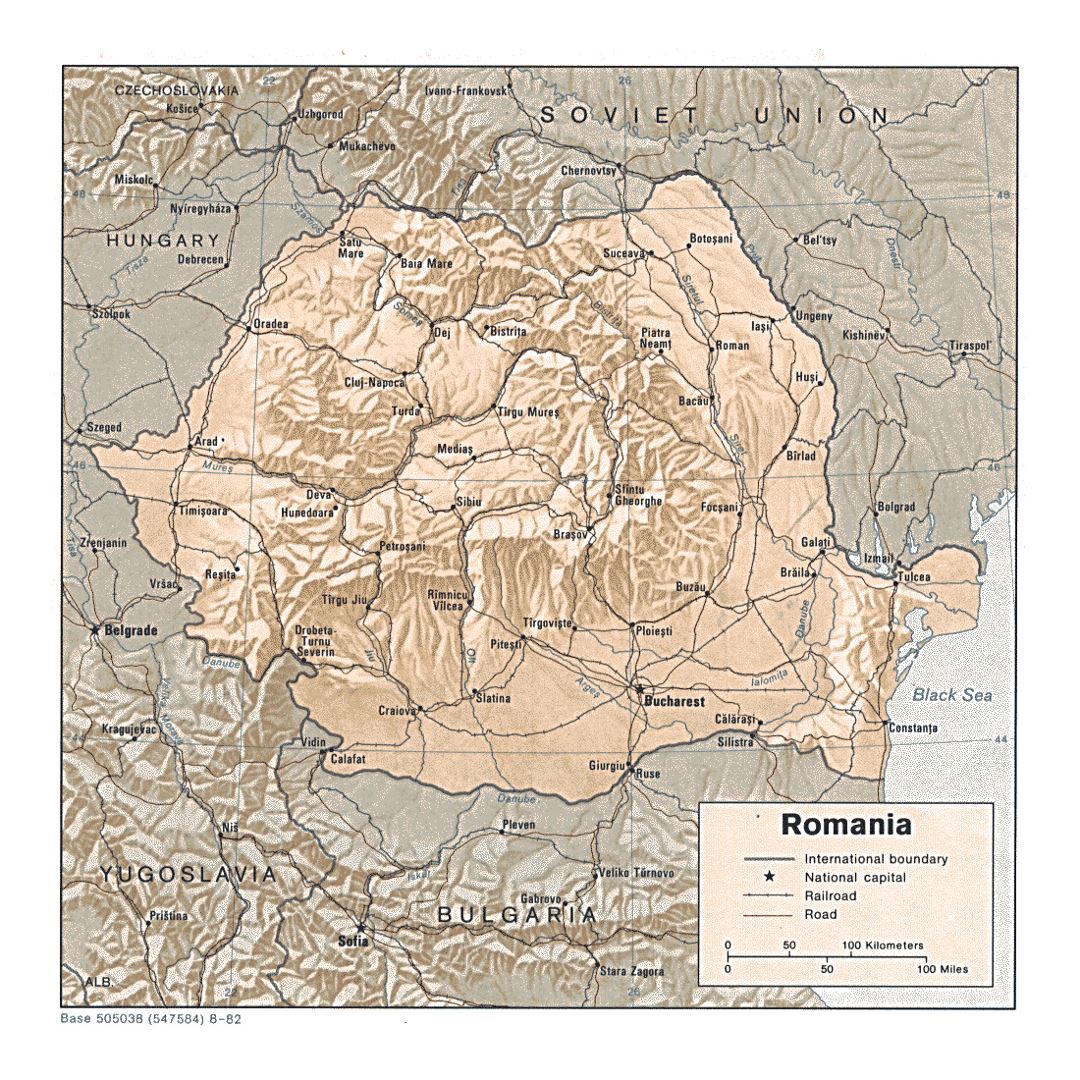 Detailed political and administrative map of Romania with relief, roads, railroads and major cities - 1982