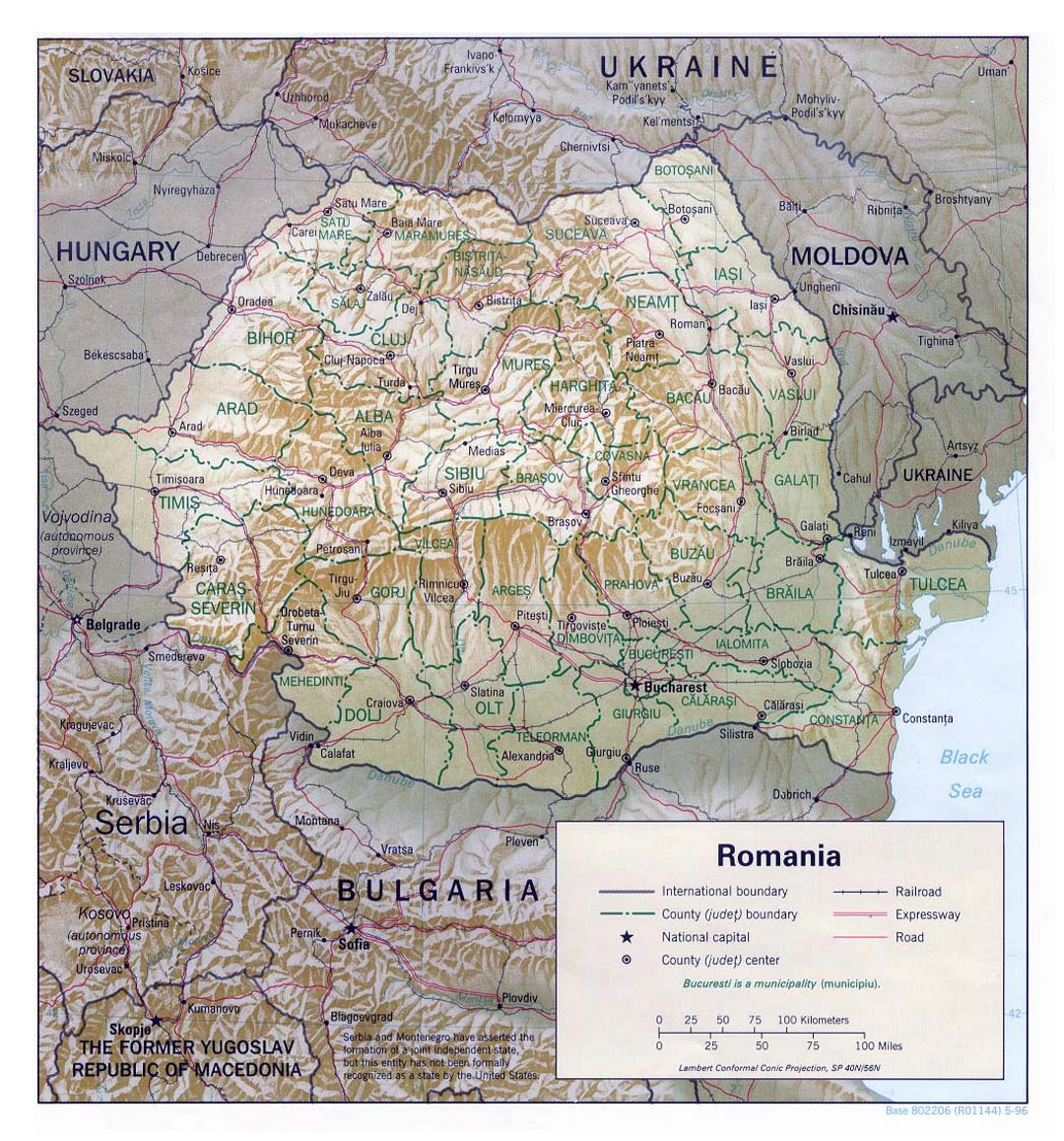 Detailed political and administrative map of Romania with relief, roads, railroads and major cities - 1996