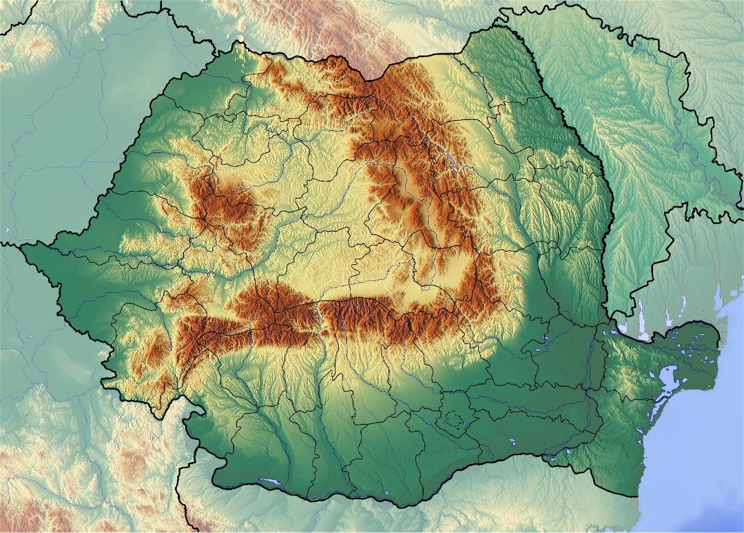Large detailed relief map of Romania