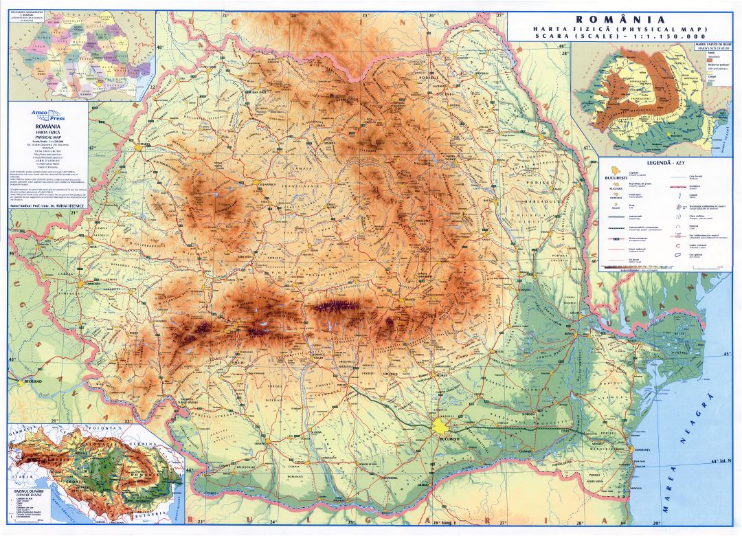 Large scale detailed physical map of Romania with roads, cities and other marks