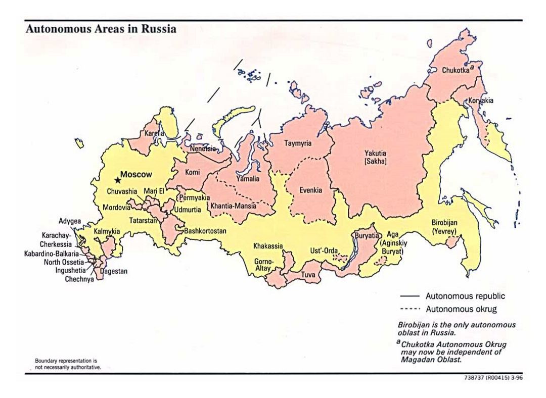 Detailed map of Autonomous Areas in Russia - 1996