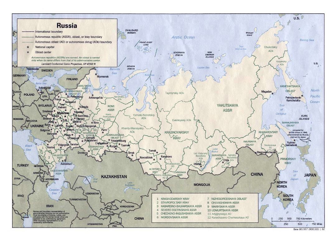 Large administrative divisions map of Russia - 1992
