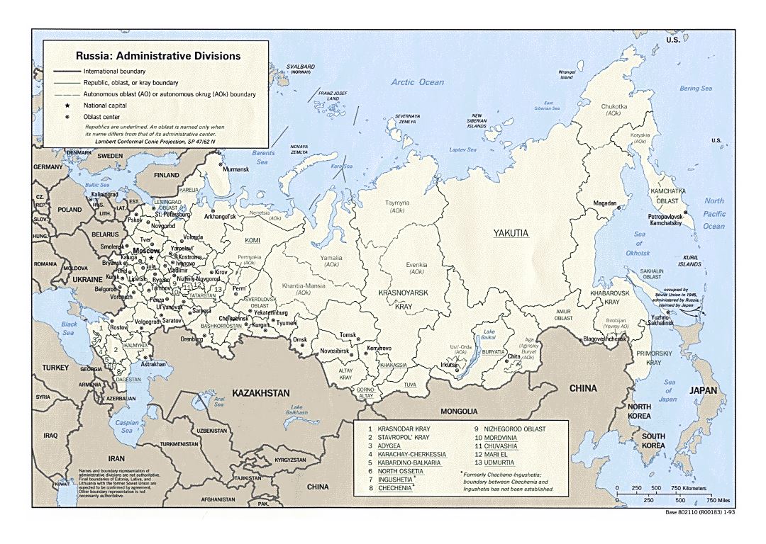 Large administrative divisions map of Russia - 1993