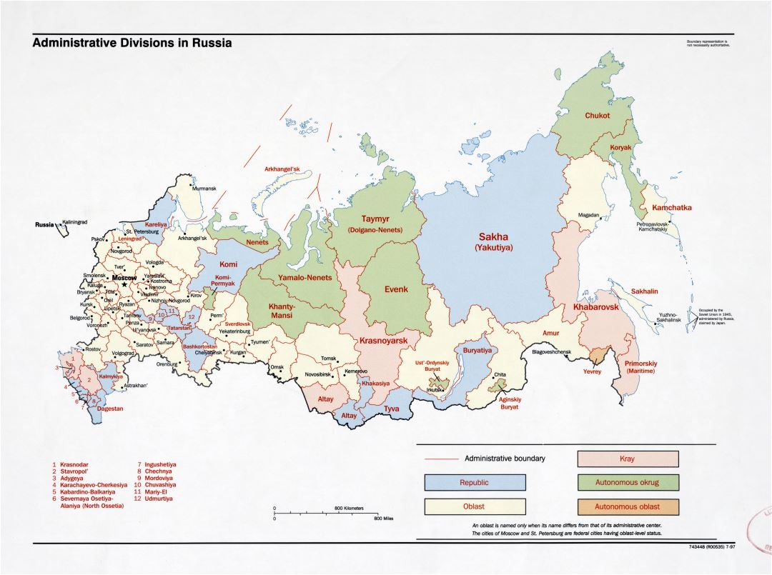 Large detailed administrative divisions map of Russia - 1997