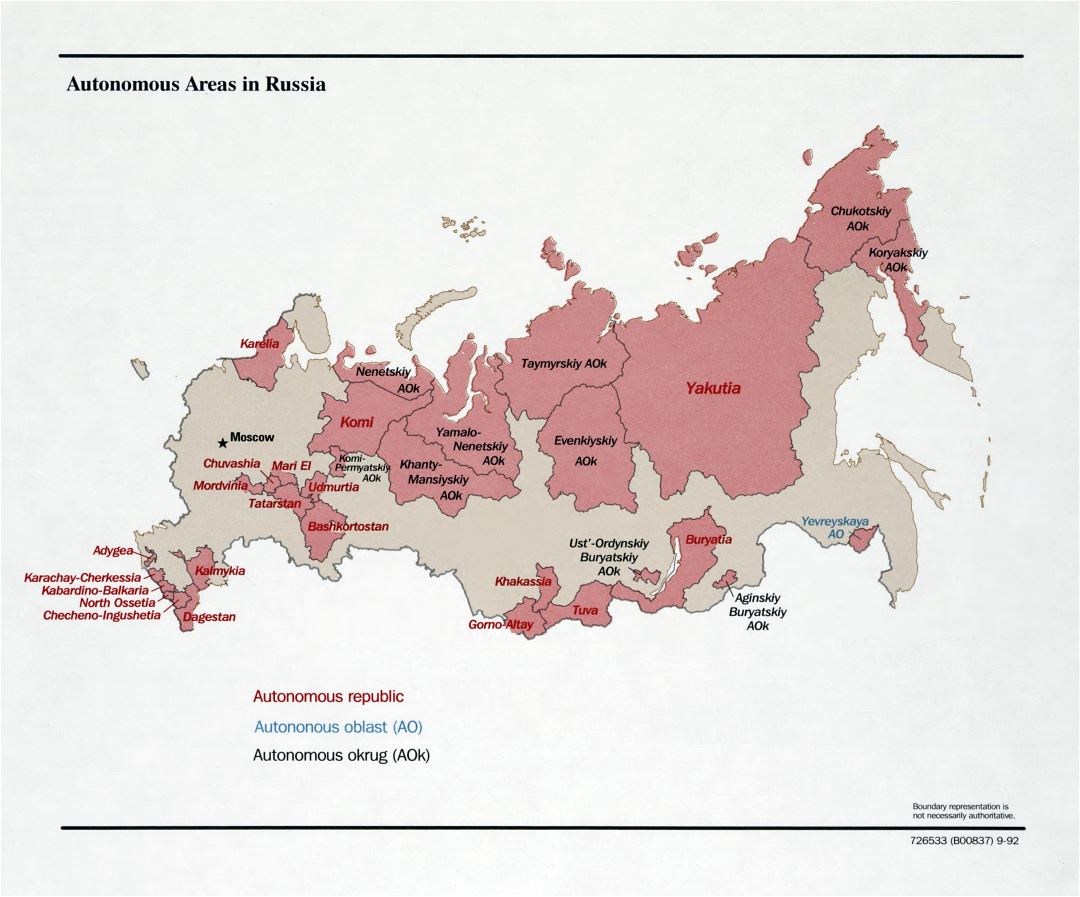 Large detailed map of Autonomous Areas of Russia - 1992