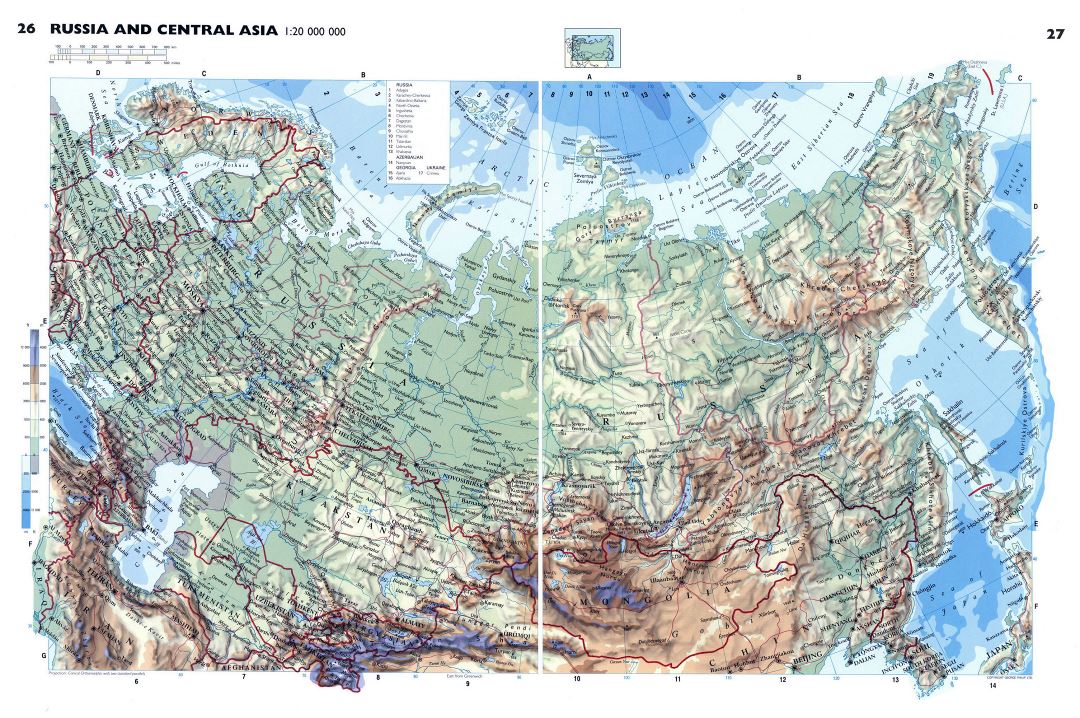 Large detailed physical map of Russia