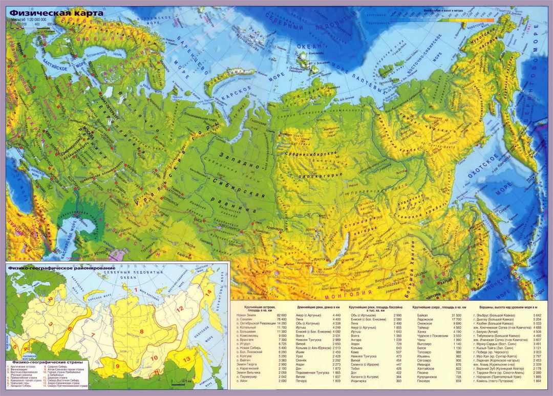 Large detailed physical map of Russia with cities in russian