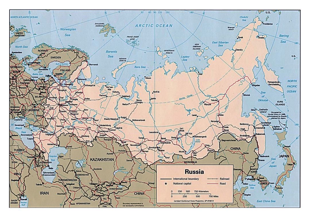 Large political map of Russia with roads, railroads and major cities - 1994