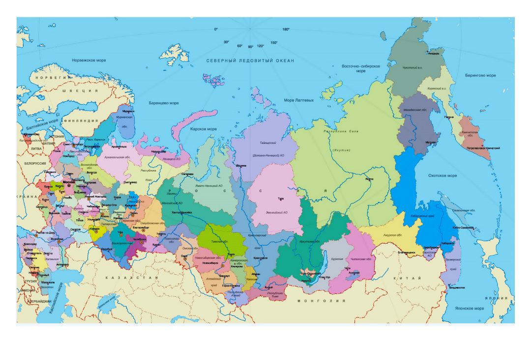 Regions map of Russia in russian