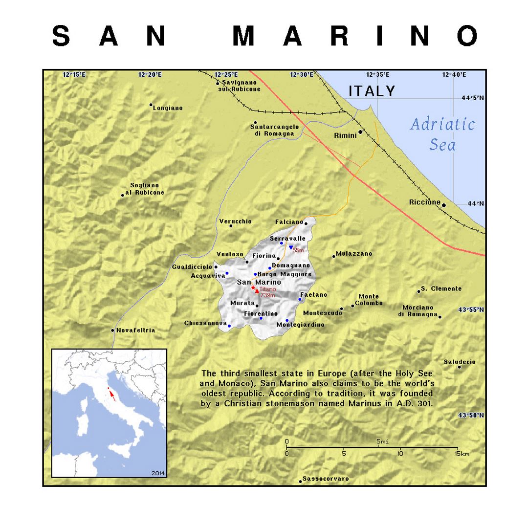 Detailed political map of San Marino with relief