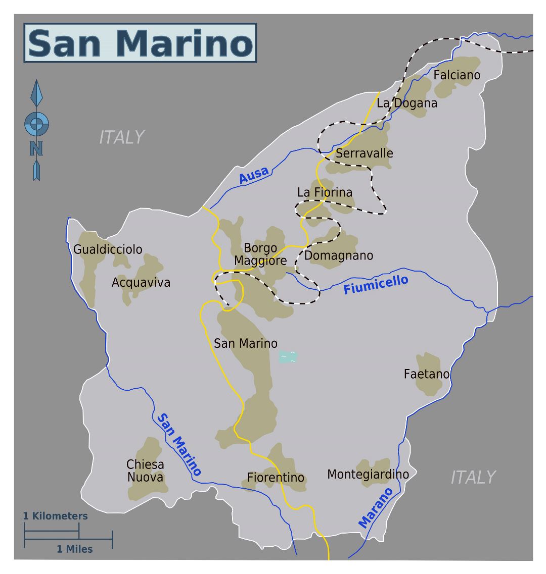 Large map of San Marino with roads and cities