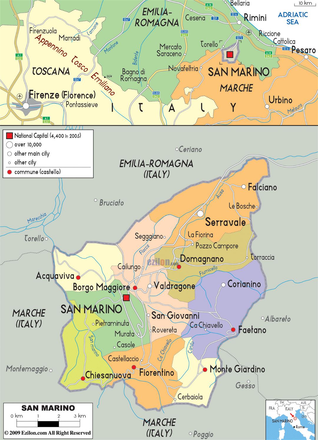 Large political and administrative map of San Marino with roads and cities