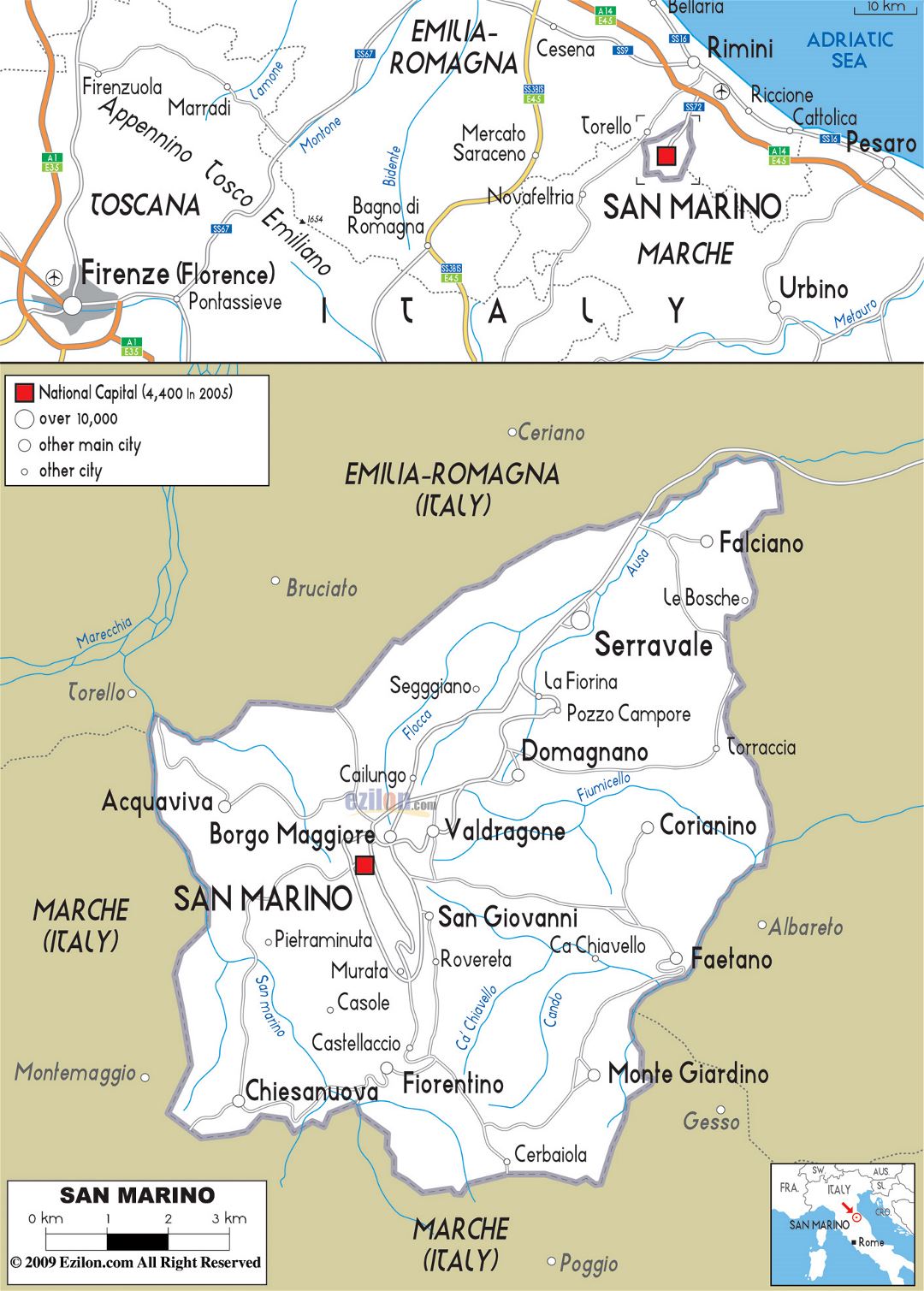 Large road map of San Marino with cities