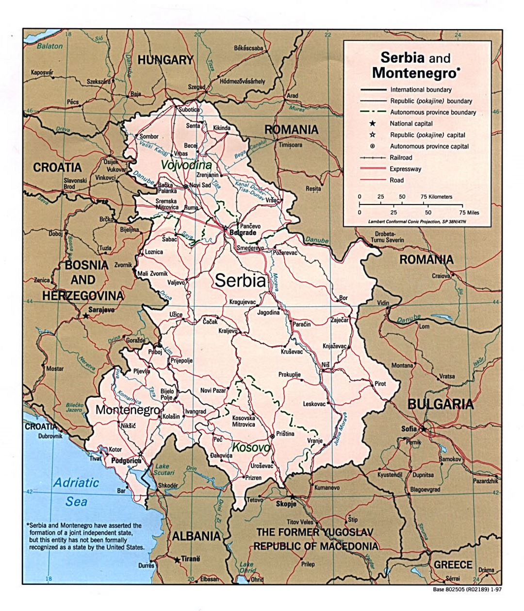 Detailed political map of Serbia and Montenegro - 1997