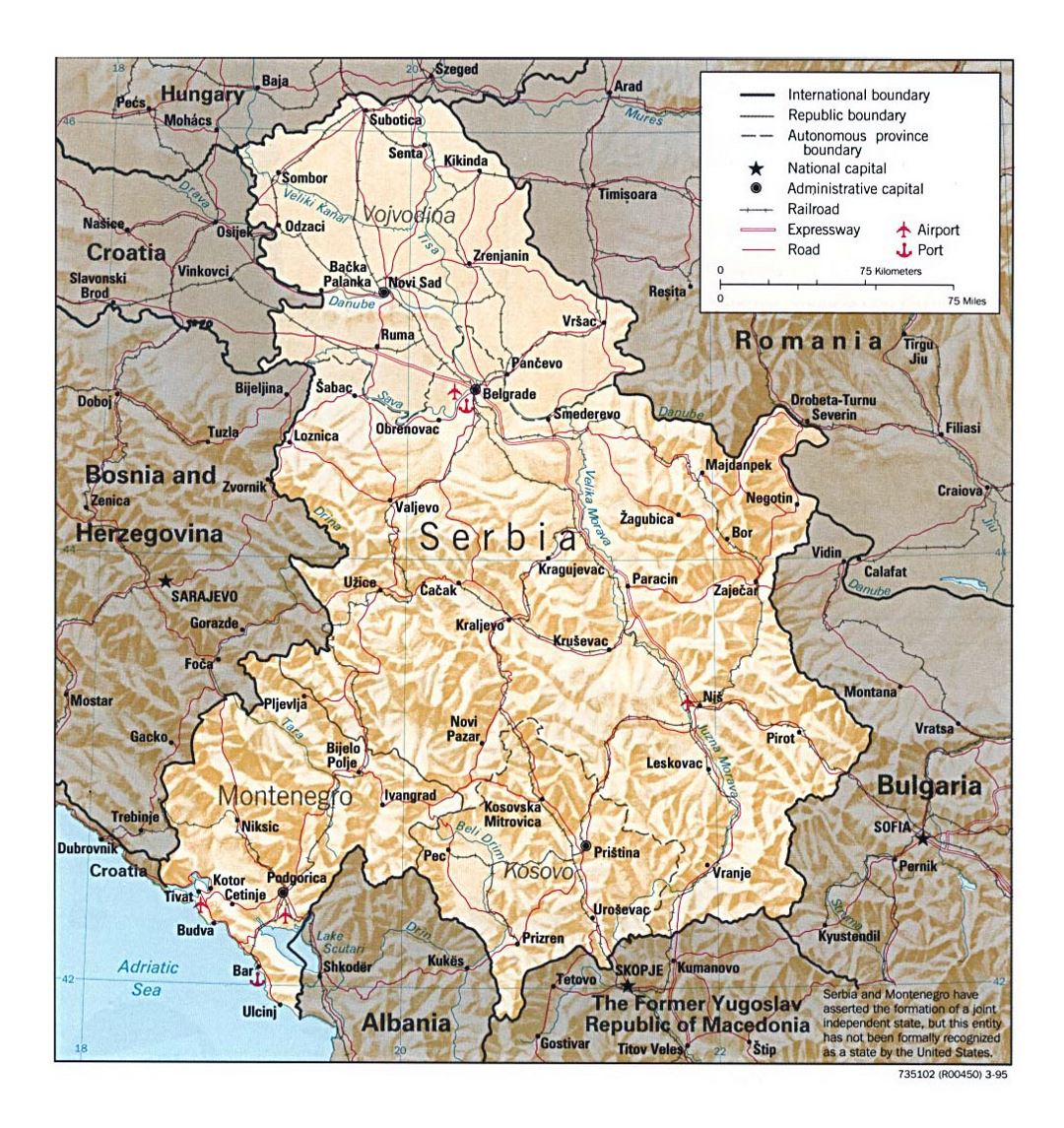 Detailed political map of Serbia and Montenegro with relief, roads, railroads and major cities - 1995