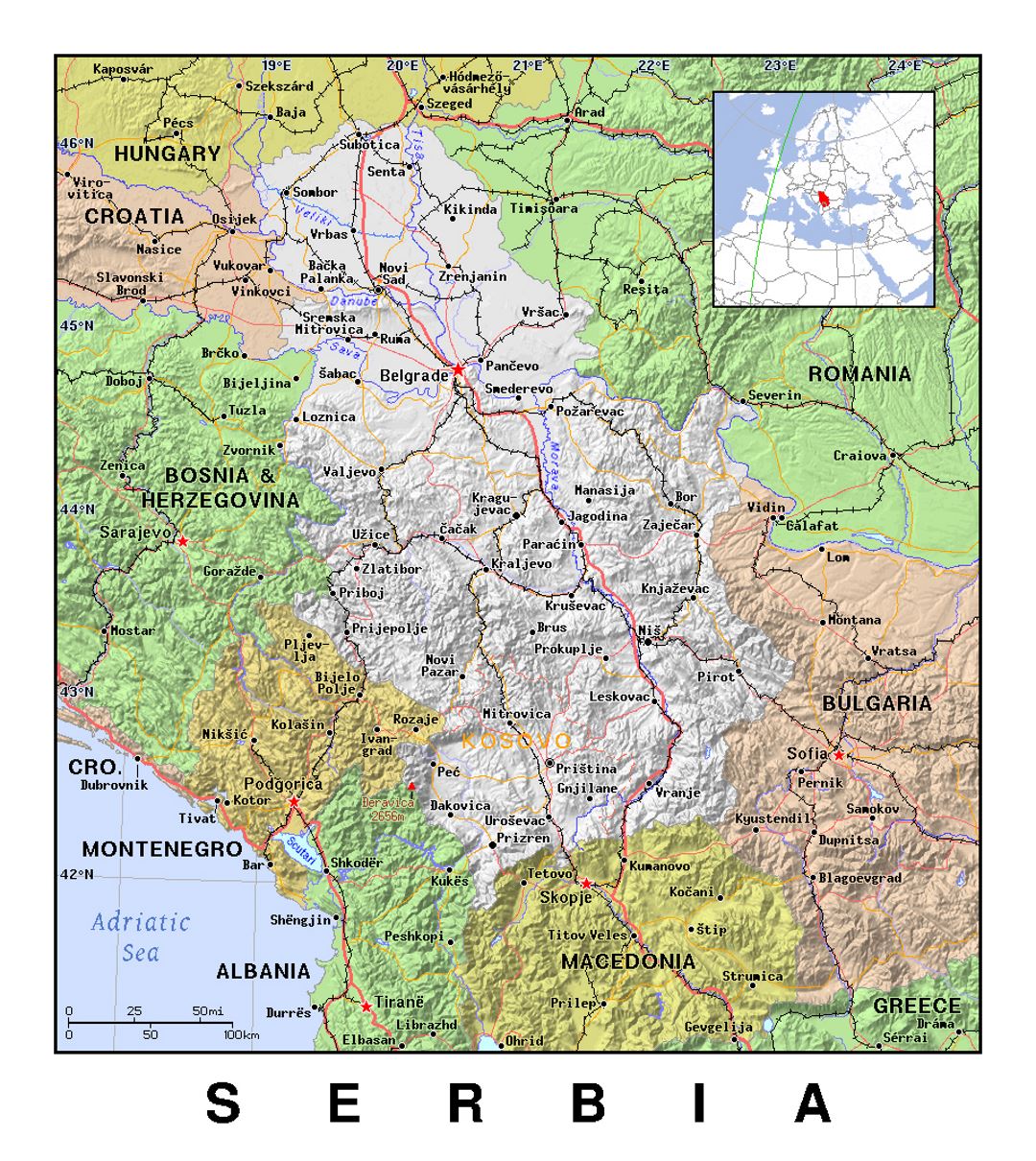 Detailed political map of Serbia with relief