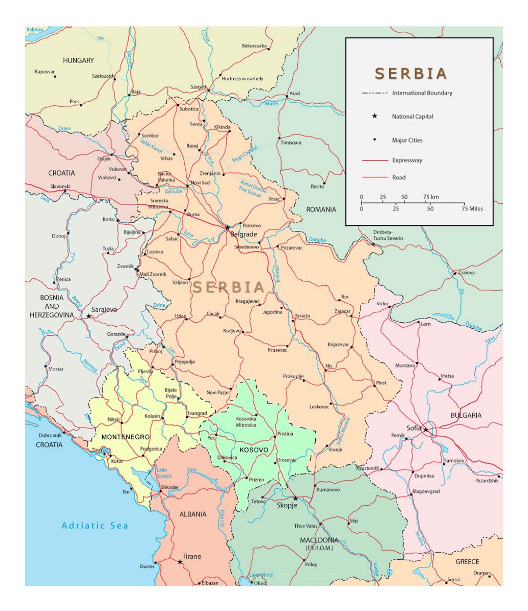 Detailed political map of Serbia with roads and major cities