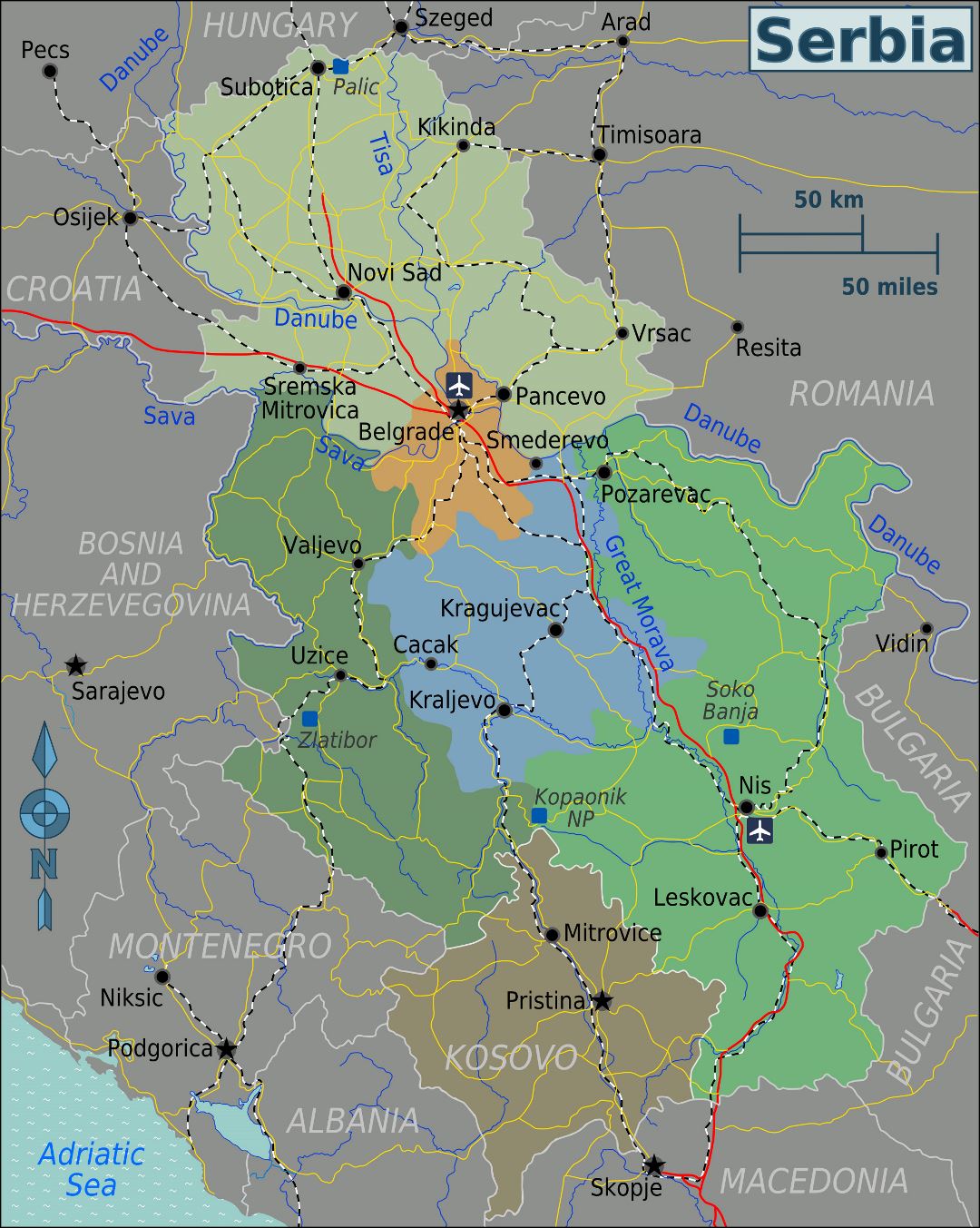 Large regions map of Serbia