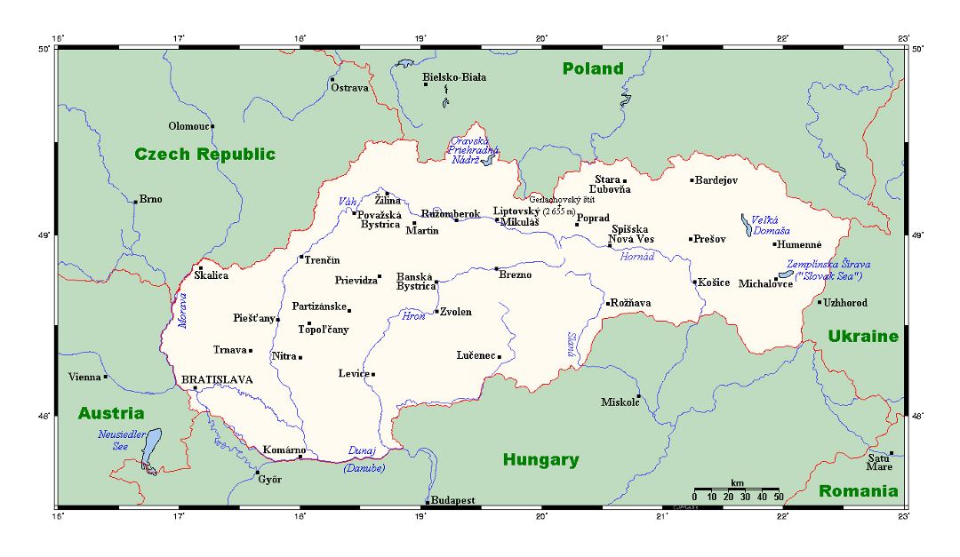 Detailed map of Slovakia with major cities