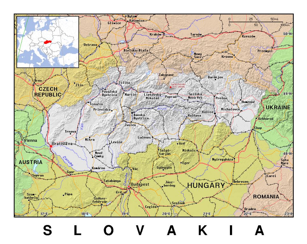 Detailed political map of Slovakia with relief
