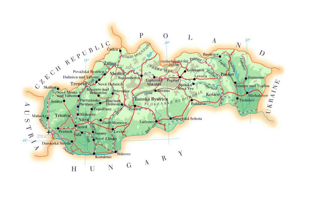 Elevation map of Slovakia with roads, cities and airports