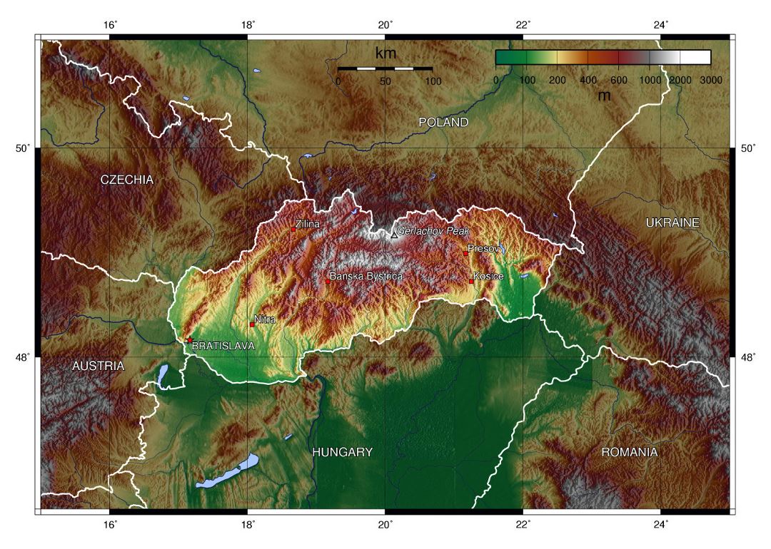 Large topographical map of Slovakia and neighboring countries