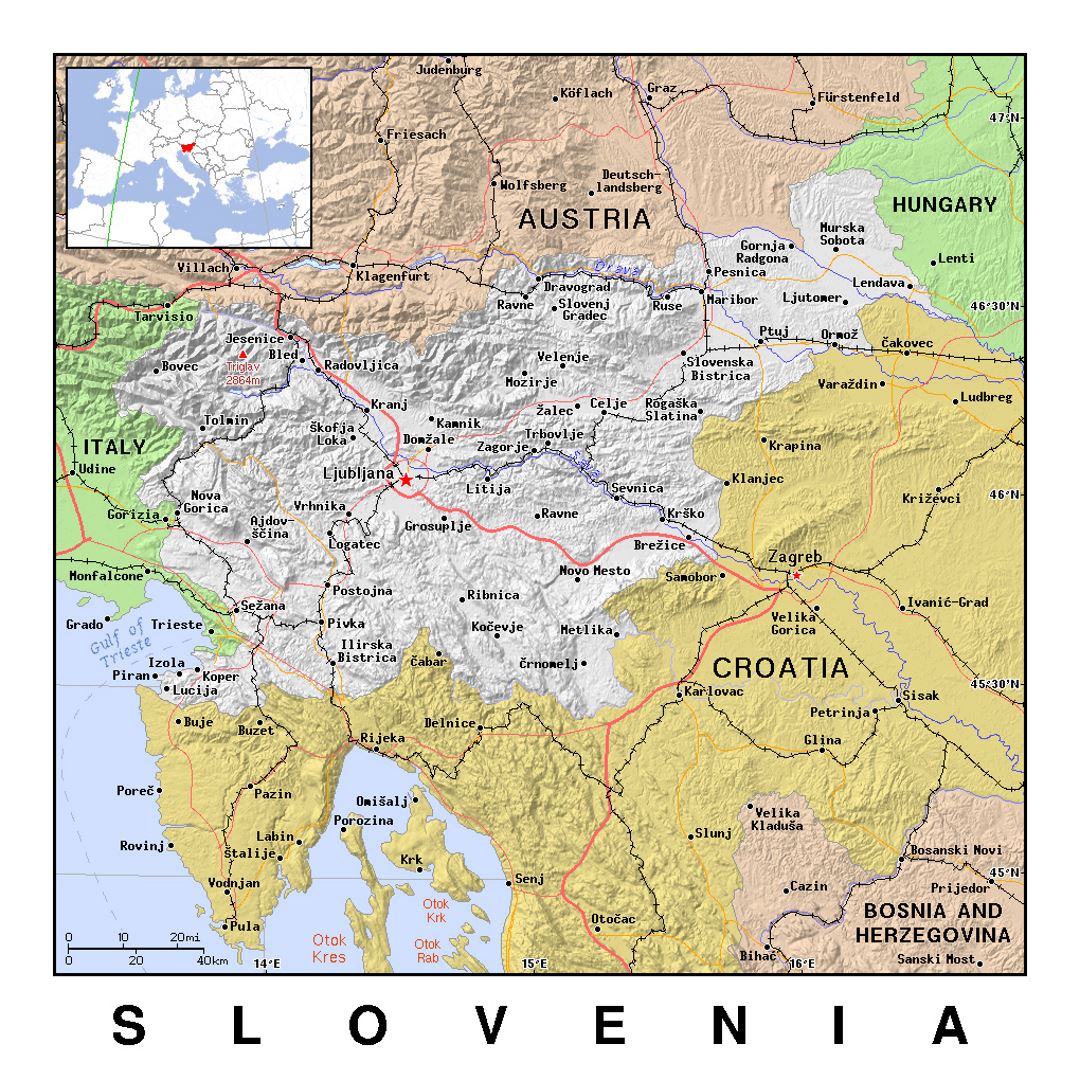 Detailed political map of Slovenia with relief
