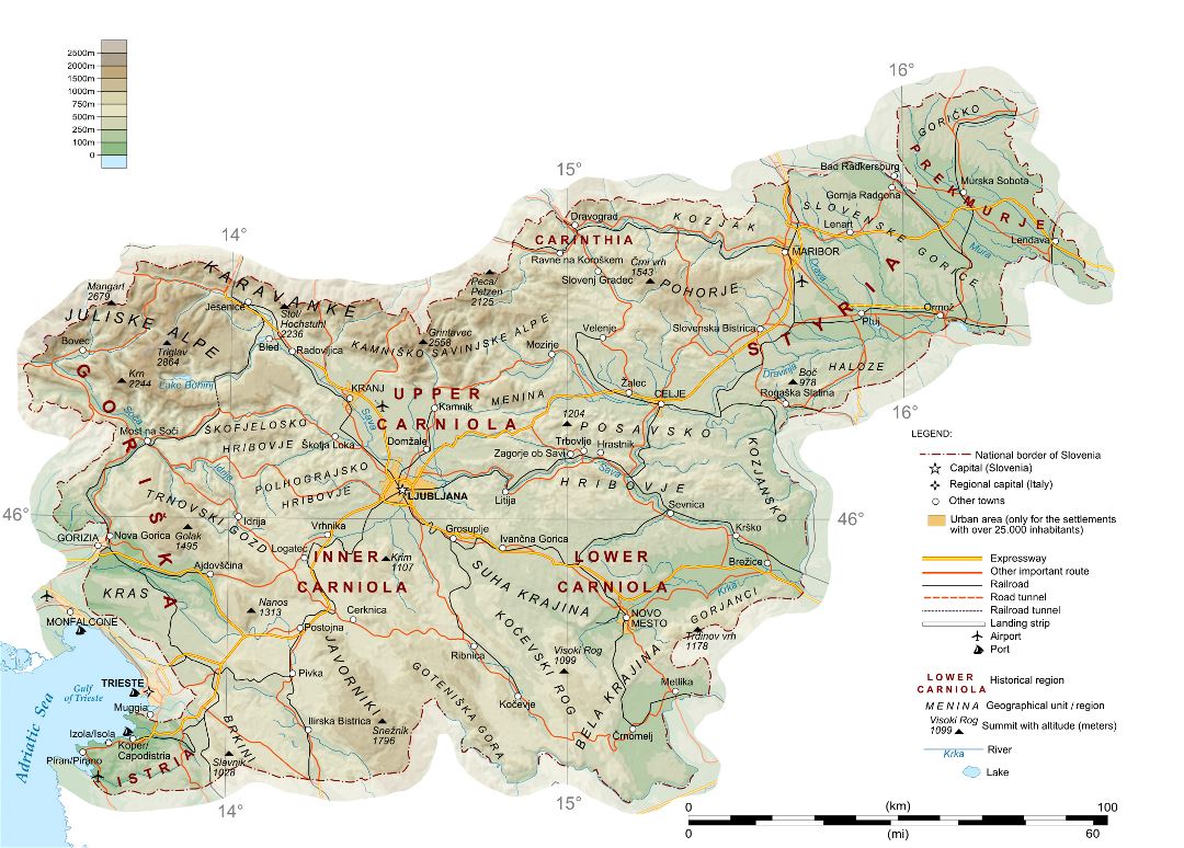 Large detailed physical map of Slovenia with roads, railroads, cities, ports and airports