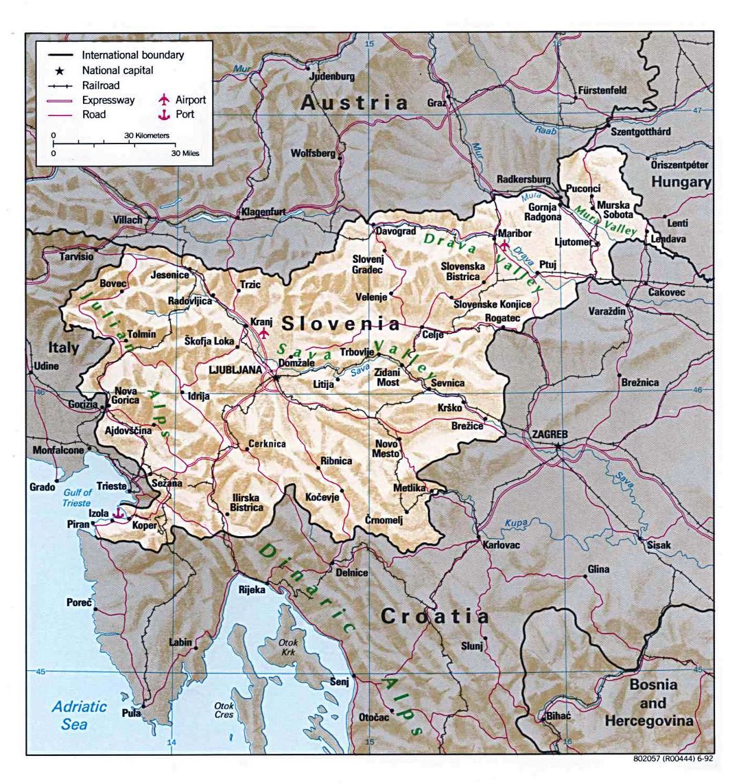 Large detailed political map of Slovenia with relief, roads, railroads, major cities, ports and airports - 1992