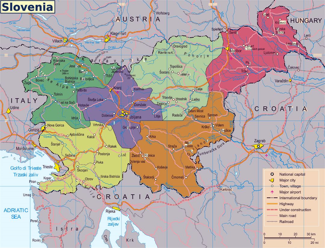 Large map of Slovenia with regions, roads, railroads, major cities and airports