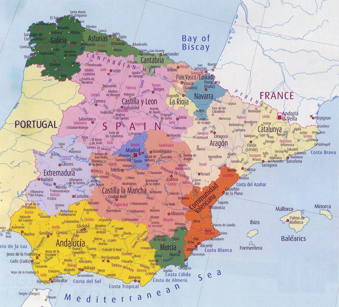 Administrative map of Spain with major cities