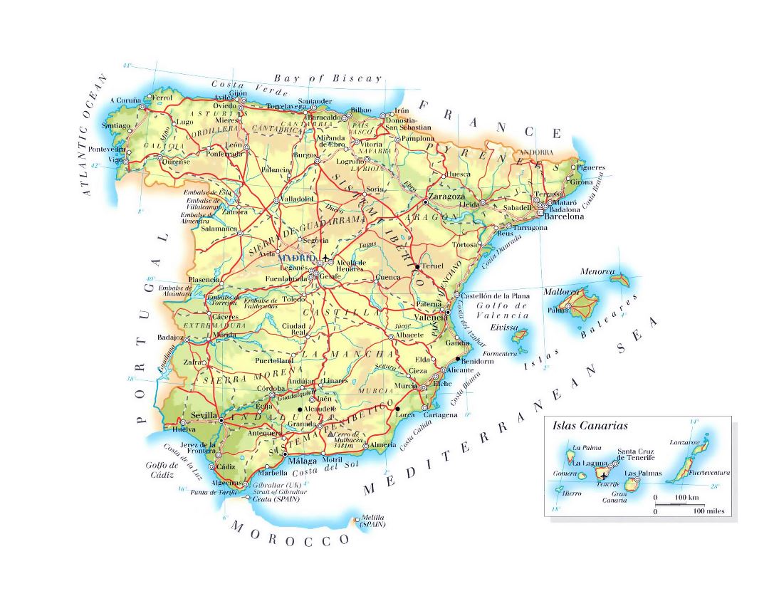 Detailed elevation map of Spain with roads, major cities and airports