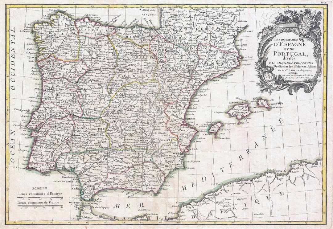 Large detailed old political and administrative map of Spain and Portugal with cities - 1775