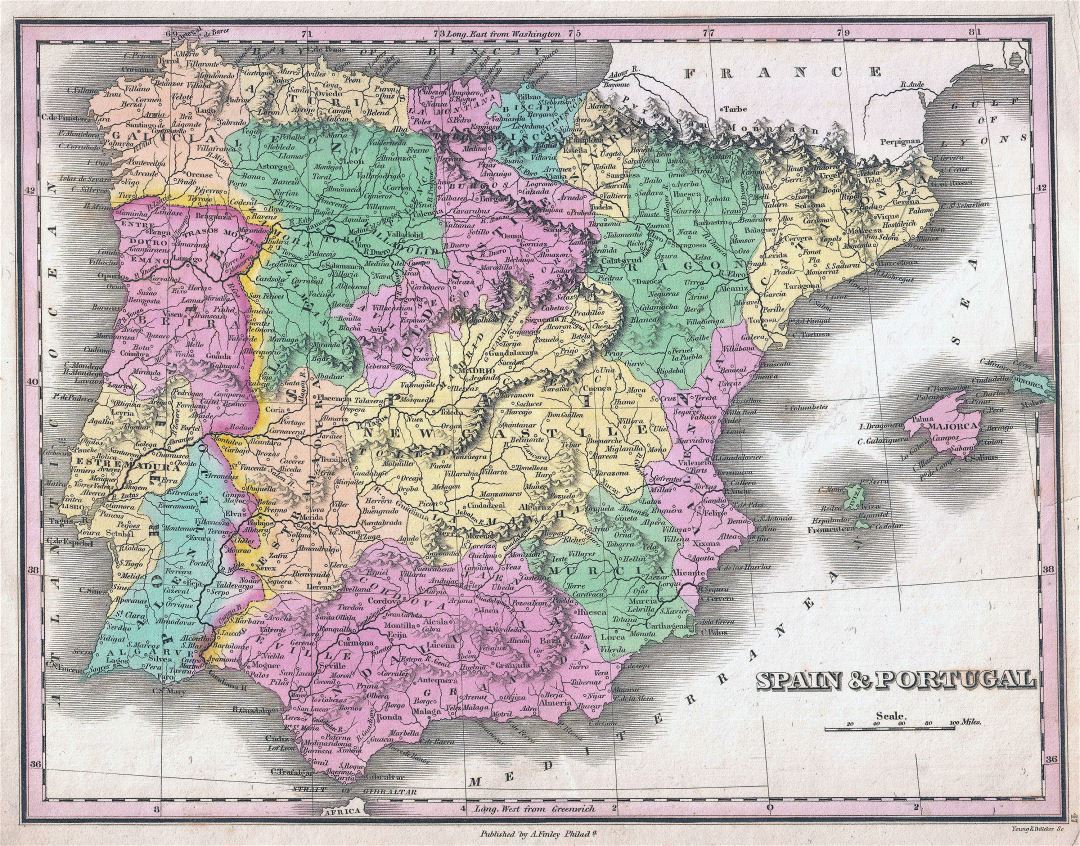 Large detailed old political and administrative map of Spain and Portugal with cities - 1827