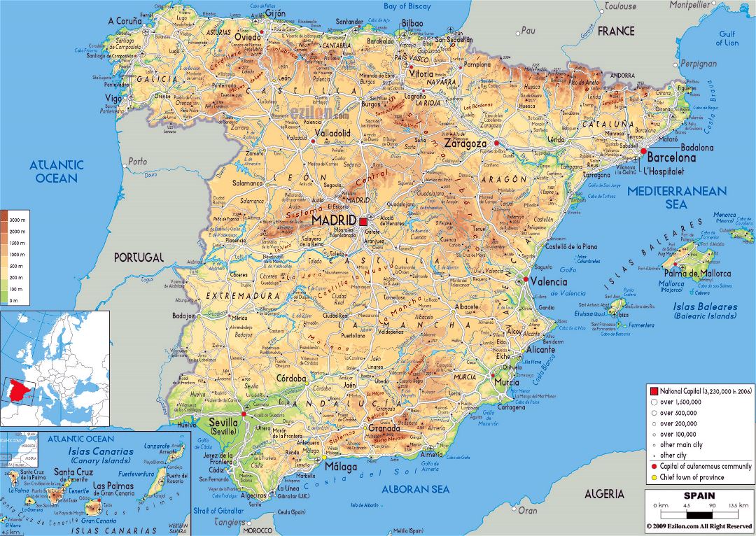 Large physical map of Spain with roads, cities and airports