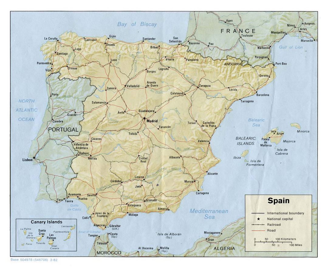 Large political map of Spain with relief, roads, railroads and major cities - 1982