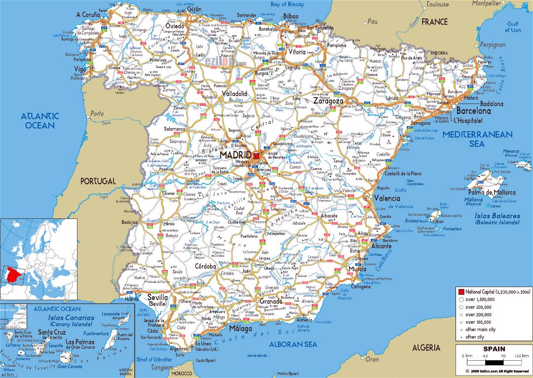 Large road map of Spain with cities and airports