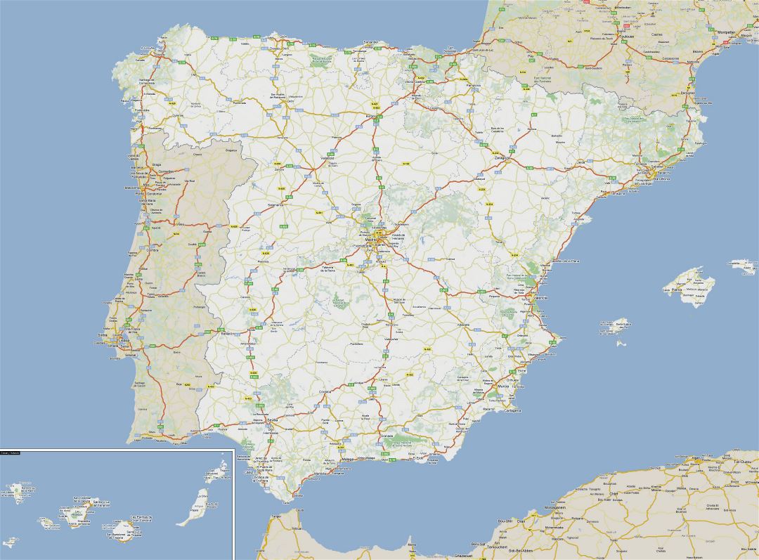Large road map of Spain with cities