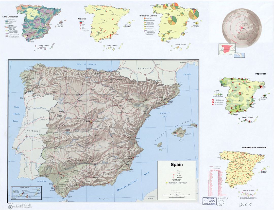 Large scale country profile map of Spain - 1974