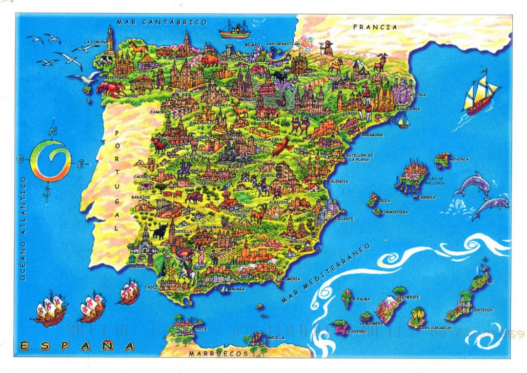 Large tourist illustrated map of Spain