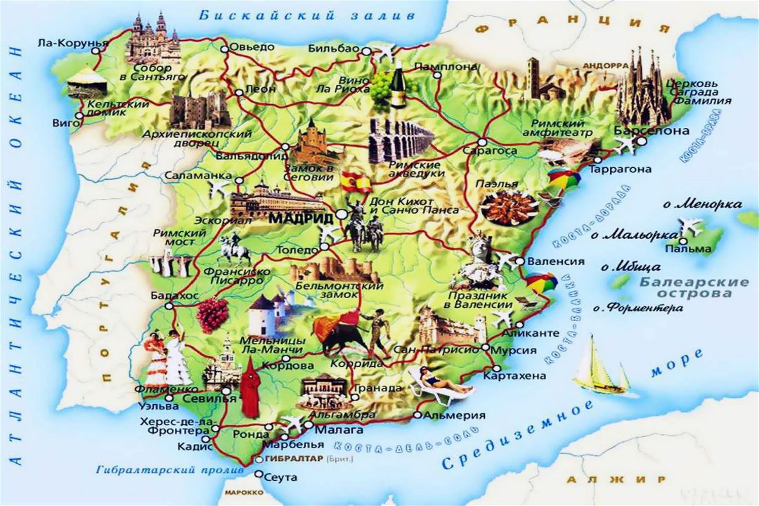 Large tourist map of Spain in russian
