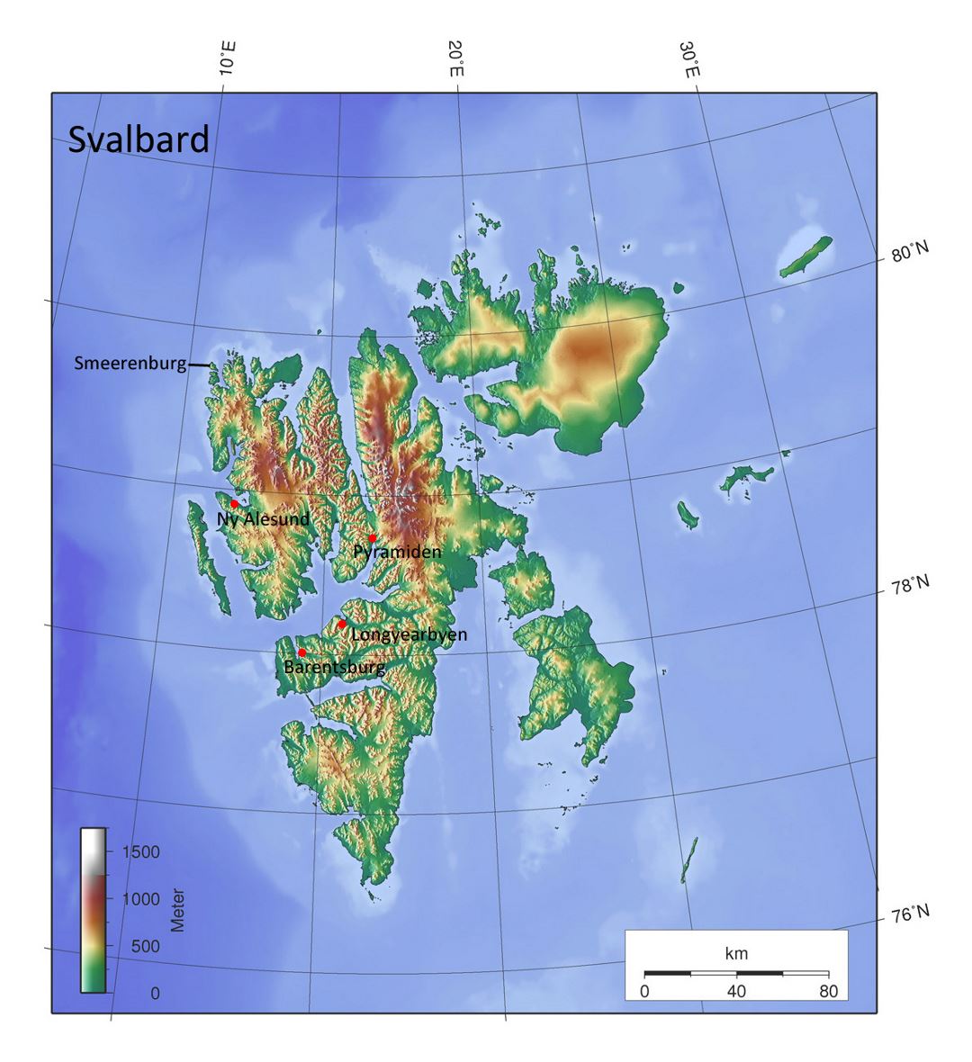 Detailed elevation map of Svalbard
